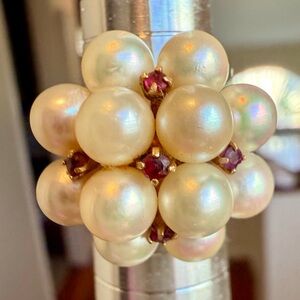 Elegant Pearl and Ruby Cluster Ring